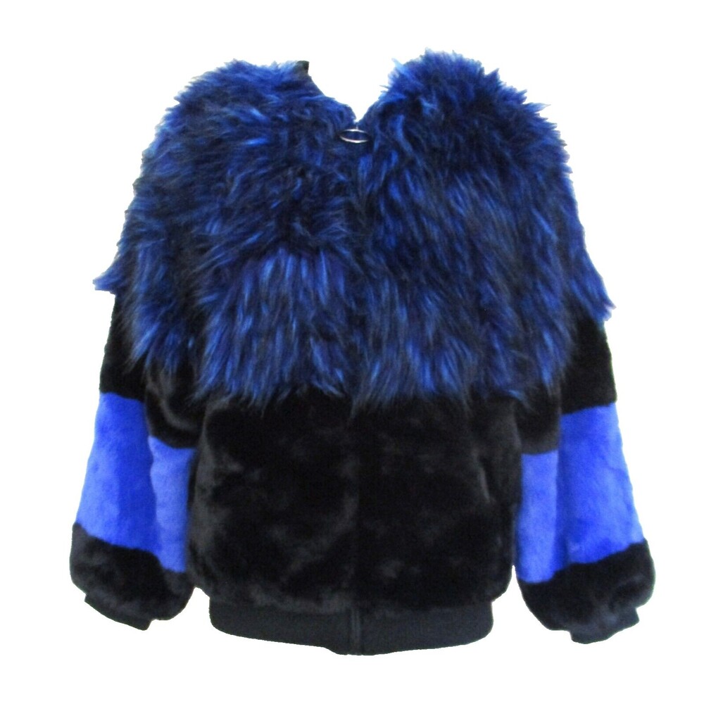 Shaci Faux Fur Jacket Medium Women Blue Black Fake Fur Bomber NWOT Zip Up